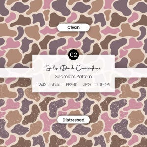 May include: Seamless pattern featuring a Girly Duck Camouflage design. The pattern includes abstract shapes in shades of brown, pink, and purple on a beige background. The design is available in clean and distressed versions, 12x12 inches.