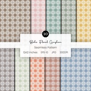 May include: A collection of ten seamless patterns in a boho floral gingham design. Each pattern features a checkered background with small floral accents. The color palette includes shades of brown, pink, green, orange, and blue. The patterns are 12x12 inches.