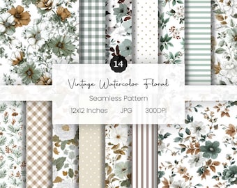 Vintage Watercolor Floral Seamless Pattern | Elegant Botanical Digital Papers in Neutral Green and Brown | Ditsy Floral | Digital Pattern