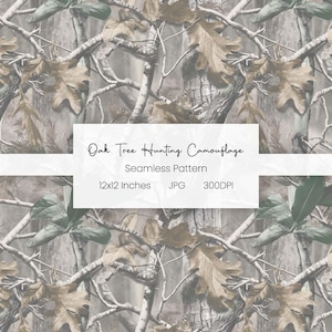 Può includere: Motivo senza cuciture con un design mimetico di caccia al rovere. Il motivo comprende foglie, rami e corteccia marroni e verdi. Il testo sull'immagine recita "Oak Tree Hunting Camouflage Seamless Pattern 30.5x30.5 cm JPG 300DPI."