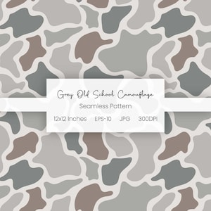 Può includere: Motivo senza cuciture con un design mimetico grigio, marrone e bianco. Il motivo presenta forme irregolari in varie tonalità di grigio e marrone su sfondo bianco. Il testo "Grey Old School Camouflage" è visualizzato.