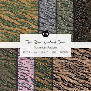 Könnte beinhalten: Eine Sammlung von acht nahtlosen Mustern mit einem Tiger-Streifen-Wald-Camouflage-Design. Die Muster umfassen Variationen in Grün, Braun, Grau und Rosa. Der Text "Tiger Stripe Woodland Camo" und "Seamless Pattern" ist enthalten. Jedes Muster ist 30,48 x 30,48 cm groß.