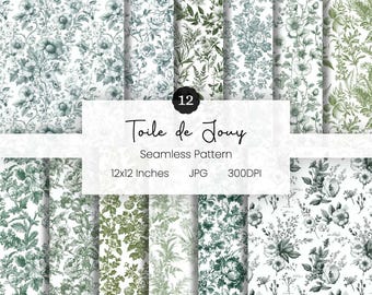 Sage Green Toile De Jouy Floral Pattern | Digital Paper | Vintage Floral Background | French Toile Design | Green & White Chinoiserie | JPG