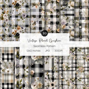 May include: A collection of ten seamless patterns featuring a vintage floral gingham design. The patterns showcase a black and white checkered background adorned with watercolor-style floral arrangements in muted tones. The text reads "Vintage Floral Gingham".