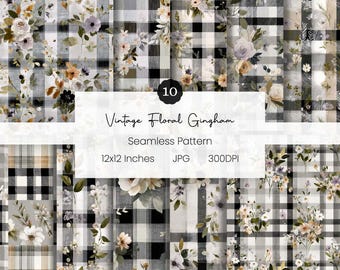 Vintage Floral Gingham Seamless Pattern Bundle | Cottagecore Plaid Digital Paper, Shabby Chic Rose & Botanical Backgrounds, Scrapbook Prints