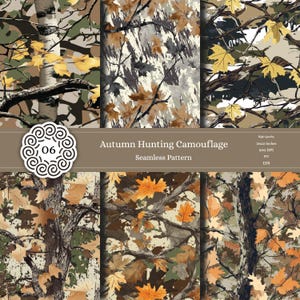 May include: Four seamless patterns of autumn hunting camouflage featuring brown, green, and white colors with orange leaves. The patterns are labeled "Autumn Hunting Camouflage Seamless Pattern".