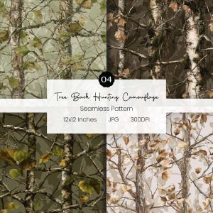 May include: Seamless pattern featuring tree bark camouflage design. The design includes images of tree trunks, branches, and leaves in shades of green, brown, and beige. The text "Tree Bark Hunting Camouflage" is displayed, along with dimensions of 12x12 inches.