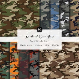 May include: A selection of ten seamless woodland camouflage patterns in diverse colour schemes. The patterns feature shades of green, brown, tan, blue, and orange. The image includes the text "Woodland Camouflage Seamless Pattern" and dimensions of 30.48 x 30.48 cm.