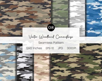 Vector Woodland Camo Digital Paper | Seamless Hunting Camouflage Bundle | 8 Tactical Camo Backgrounds | EPS-10 & 300 DPI | Commercial Use