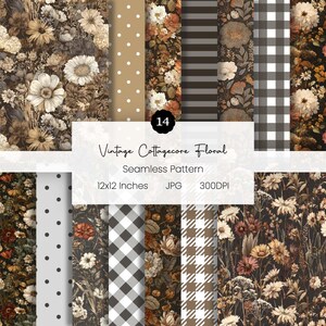 Könnte beinhalten: Eine Sammlung von 14 nahtlosen Vintage-Cottagecore-Blumenmustern. Die Muster umfassen Blumen-, Polka-Dot-, Streifen- und Karomuster in Braun-, Beige- und Weißtönen. Der Text lautet "Vintage Cottagecore Floral Seamless Pattern 12x12 Inches JPG 300DPI."