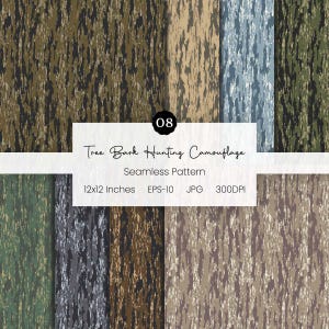 May include: A digital seamless pattern featuring tree bark hunting camouflage in various colorways including green, brown, tan, and blue. The image includes the text 08, Tree Bark Hunting Camouflage, Seamless Pattern, 12x12 Inches, EPS-10, JPG, 300DPI.
