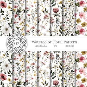 May include: A collection of watercolor floral patterns featuring various flowers in shades of pink, yellow, and white, with green foliage on a white background. The image includes the text "Watercolor Floral Pattern" and dimensions of 12x12 inches.
