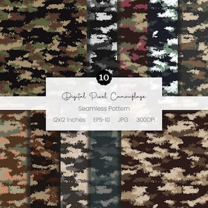 Digital Pixel Camouflage Digital Paper | Seamless Pixelated Camo Bundle | Tactical Vector Camo Pattern | Military Tech Background | 300 DPI