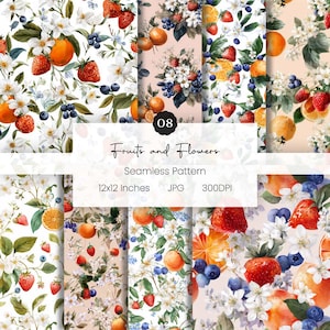 Puede incluir: Un diseño de patrón sin costuras con ilustraciones de acuarela de frutas y flores. El diseño incluye naranjas, fresas, arándanos y flores blancas. Se muestra el texto "Fruits and Flowers", junto con los detalles de tamaño y resolución.