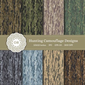 Op de afbeelding: Een verzameling van acht jacht camouflage ontwerpen in verschillende kleuren, waaronder groen, bruin en blauw. De ontwerpen worden weergegeven in een rasterformaat, elk 30,48 x 30,48 cm groot. De afbeelding bevat ook de tekst "Hunting Camouflage Designs".