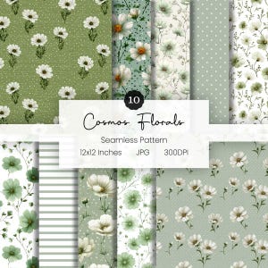 Puede incluir: Diez patrones sin costuras con flores de cosmos blancas sobre varios fondos verdes. Los diseños incluyen lunares, rayas y arreglos florales. El texto dice "Cosmos Florals, Seamless Pattern, 12x12 Inches, JPG, 300DPI."