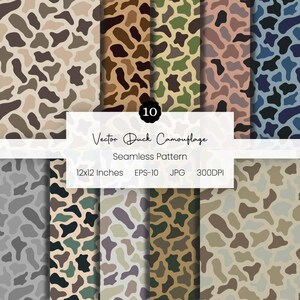 Puede incluir: Una colección de diez patrones vectoriales sin costuras con diseños de camuflaje de pato. Cada patrón muestra formas orgánicas en varias paletas de colores, incluyendo tonos de marrón, verde, azul y gris. La imagen incluye el texto "Vector Duck Camouflage" y "12x12 Inches".