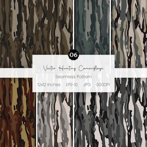 Puede incluir: Una colección de patrones de camuflaje de caza vectorial sin costuras en varios esquemas de color. Los patrones presentan formas orgánicas en tonos de marrón, verde, gris y beige. La imagen incluye el texto "Vector Hunting Camouflage" y "12x12 Inches".