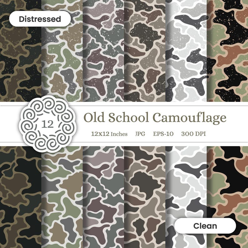 May include: A collection of 12 digital papers featuring old-school camouflage patterns. The designs include distressed and clean versions in various colors, including green, brown, and gray. Each paper is 12x12 inches.