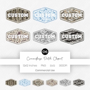 Op de afbeelding: Zes zeshoekige camouflage patches met het woord "CUSTOM" in het wit. De patches tonen diverse camouflagepatronen in bruin, blauw, grijs en zwart. Een titelkaart luidt "Camouflage Patch Clipart". De patches zijn 30,48 cm x 30,48 cm groot.