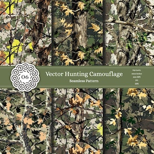May include: A seamless pattern of camouflage featuring a woodland scene with brown tree trunks, green and brown leaves, and a light brown background. The pattern is labeled "Vector Hunting Camouflage Seamless Pattern".