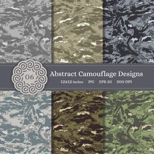 Könnte beinhalten: Sechs abstrakte Tarnmuster in Grau-, Grün- und Brauntönen. Das Bild zeigt den Text "Abstract Camouflage Designs" und die Abmessungen von 30,48 x 30,48 cm.