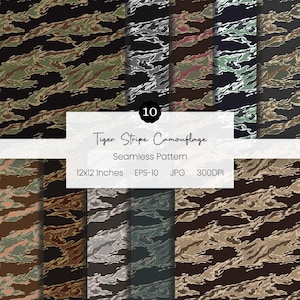 May include: A collection of ten seamless tiger stripe camouflage patterns in various color schemes, including green, brown, and gray. The patterns are displayed on a white background with the text "Tiger Stripe Camouflage Seamless Pattern" and dimensions of 12x12 inches.