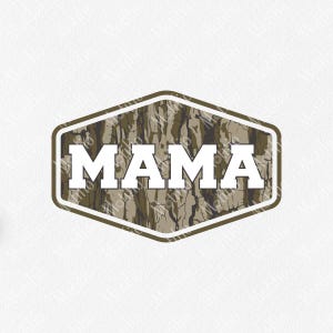 May include: A decorative emblem featuring the word "MAMA" in bold white letters. The text is set against a camouflage pattern within a brown and white hexagonal frame, perfect for a gift.
