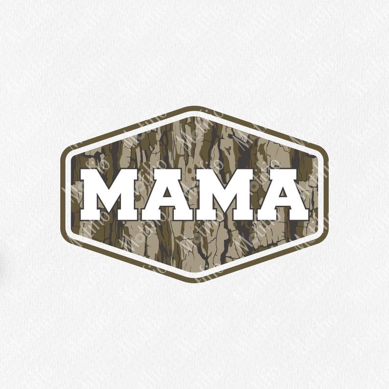 May include: A decorative emblem featuring the word "MAMA" in bold white letters. The text is set against a camouflage pattern within a brown and white hexagonal frame, perfect for a gift.