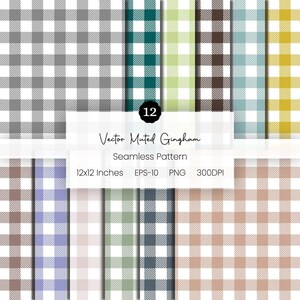 Puede incluir: Una colección de 12 patrones de cuadros de vichy sin costuras en varios colores apagados, incluyendo gris, verde azulado, marrón y amarillo. Los patrones están dispuestos en una cuadrícula, con cada cuadrado midiendo 30,48 x 30,48 cm. El texto dice "Vector Muted Gingham" y "Seamless Pattern."