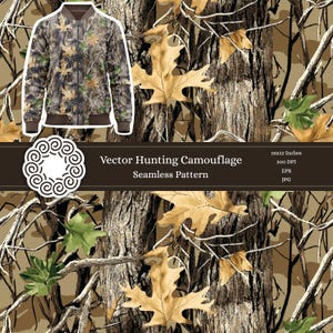 Könnte beinhalten: Ein nahtloses Muster mit einem Tarnmuster in Braun, Grün und Beige. Das Muster enthält Äste, Blätter und eine subtile Holzmaserung. Der Text "Vector Hunting Camouflage Seamless Pattern" wird am unteren Rand des Bildes angezeigt.