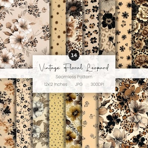 以下が含まれることがあります： ヴィンテージフローラルレオパードデザインの14種類のシームレスパターン。ベージュ、ブラウン、ブラックの色合いで、フローラルとレオパードプリントの要素が特徴です。パターンは30.48 x 30.48 cmです。