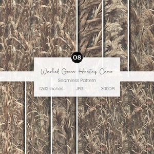 May include: A seamless pattern featuring a washed grass hunting camo design. The pattern includes shades of brown, tan, and green, with a detailed depiction of tall grasses. The image includes the text "Washed Grass Hunting Camo" and "12x12 Inches".