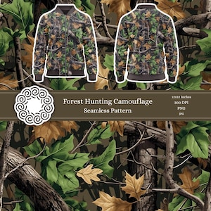 以下が含まれることがあります： 茶色の枝、緑と茶色の葉、茶色の背景を持つ迷彩柄のシームレスパターン。パターンは12x12インチ、300DPIです。パターン下に「Forest Hunting Camouflage Seamless Pattern」というテキストが表示されています。