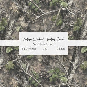 Op de afbeelding: Naadloos patroon met een vintage washed hunting camo design. Het patroon bevat bruine, groene en grijze tinten, met afbeeldingen van bladeren en takken. De afbeelding is 30,48 x 30,48 cm en in JPG-formaat.