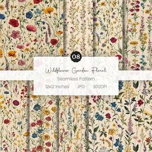 Könnte beinhalten: Ein nahtloses Muster mit einem Wildblumen-Garten-Floral-Design. Das Muster zeigt verschiedene bunte Blumen wie rote Mohnblumen, blaue Kornblumen und gelbe Gänseblümchen vor einem cremefarbenen Hintergrund. Der Text "Wildflower Garden Floral Seamless Pattern 12x12 Inches JPG 300DPI" ist enthalten.