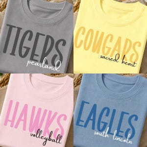 May include: A collection of four crew neck t-shirts in gray, yellow, light pink, and blue. Each shirt features large block lettering with the words TIGERS, COUGARS, HAWKS, or EAGLES, accompanied by smaller cursive text reading pearland, sacred heart, volleyball, or south lincoln.