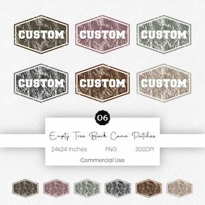 May include: Six hexagonal patches featuring a tree bark camouflage pattern in various colors including brown, pink, green, black, and tan. Each patch displays the word CUSTOM in bold white capital letters. Smaller versions of these patches are below.