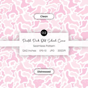 May include: A seamless pattern featuring a pastel pink and white camouflage design. The image includes the text "Pastel Pink Old School Camo" and "Seamless Pattern". The pattern is 12x12 inches and available in EPS-10 and JPG formats.