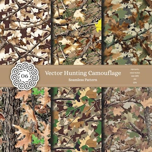 May include: Six different camouflage patterns in brown, green, and beige colors. The patterns are made up of leaves, branches, and other woodland elements. The patterns are seamless and can be used for a variety of purposes, such as hunting, fishing, and outdoor activities.