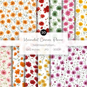 May include: Ten seamless patterns showcasing minimalist cosmos flowers in shades of orange, red, green, pink, and yellow. The designs are set against a white backdrop. Text on the image reads "Minimalist Cosmos Flower Seamless Pattern 12x12 Inches JPG 300DPI."