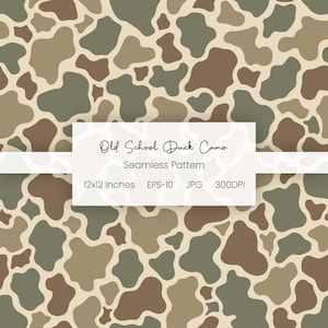 May include: A seamless pattern featuring an old school duck camo design with irregular organic shapes in shades of olive green, brown, and tan. A white rectangular overlay displays the text Old School Duck Camo, Seamless Pattern, 12x12 Inches, EPS-10, JPG, 300DPI.