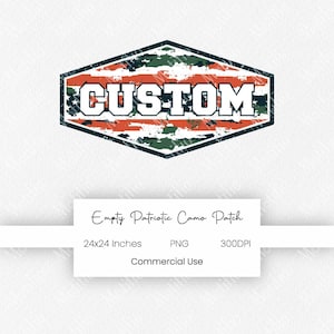 Könnte beinhalten: Ein sechseckiges Grafikdesign mit einem abgenutzten Tarnmuster in Rot, Weiß und Blau mit dem Wort CUSTOM in fetten weißen Buchstaben. Unter der Grafik steht der Text Empty Patriotic Camo Patch, 61x61 cm, PNG, 300DPI, Commercial Use.