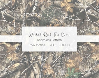 Washed Real Tree Camo Seamless Pattern | Hunting Camouflage Design | Woodland Camo Background | Oak Tree Pattern | Vintage Camouflage | JPG