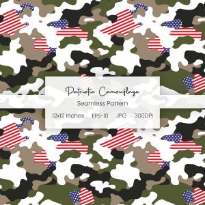 May include: A seamless patriotic camouflage pattern with American flags and a mix of green, brown, black, and white shapes. The design includes the text "Patriotic Camouflage" and "Seamless Pattern". The pattern is 30.48 x 30.48 cm.