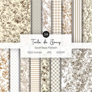 May include: A set of 14 seamless Toile de Jouy patterns in beige and brown hues. Designs include floral, polka dot, striped, and gingham patterns. Each pattern is 30.48 x 30.48 cm, ideal for craft projects.
