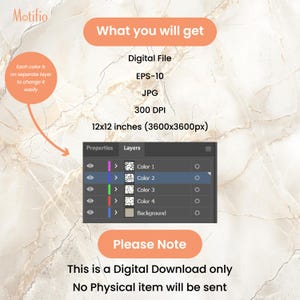 May include: Digital download information graphic with the text "What you will get: Digital File, EPS-10, JPG, 300 DPI, 12x12 inches (3600x3600px)". Includes a screenshot of the layers panel. Text at the bottom reads "Please Note: This is a Digital Download only. No Physical item will be sent."