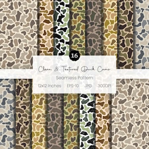 May include: A digital art image showcasing 16 seamless duck camo patterns in various earth-tone colors. The patterns are displayed in vertical strips. The image includes the text "Clean & Textured Duck Camo" and details about the file format and size.