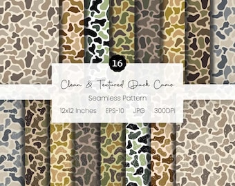 Clean Textured Duck Camo Seamless Pattern Bundle | 16 Vector Digital Papers 12x12 | Old School Camouflage | Woodland Camo | Vintage Camo