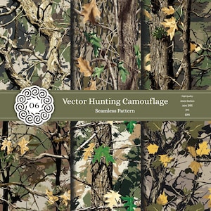 May include: A seamless pattern featuring vector hunting camouflage. The design incorporates tree bark, branches, and leaves in shades of brown, green, and tan. The image includes the text "Vector Hunting Camouflage Seamless Pattern".